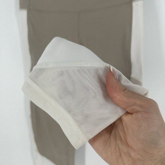 Athleta Exhale Mesh Capri Leggings Quail Beige White Mesh Cutouts Size Small - Picture 3 of 11